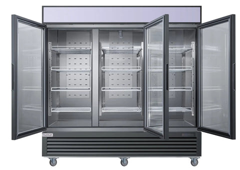 Heavy Hitter Commercial Merchandiser Freezer With Three Self Closing Glass Doors and Bulletproof Adjustable Shelving, open view.