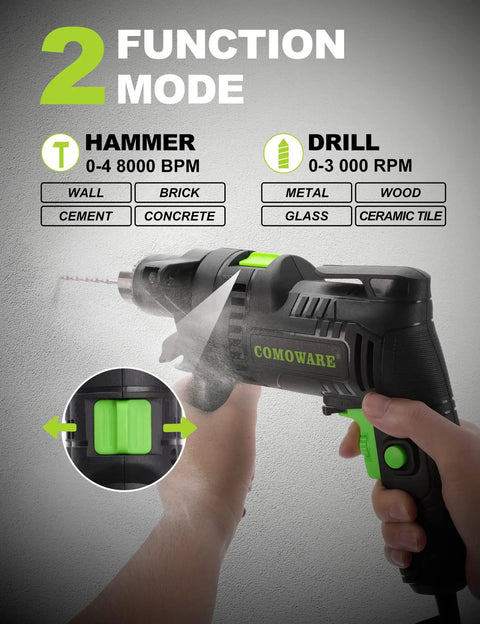 Person using Beefy Half Inch Corded Hammer Drill For Concrete With Variable Speed 0 To 3000 RPM And 48000 BPM Dual Function Hammer and Drill