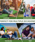 Collage of four camping scenes with a 5 Inch Thick Camping Sleeping Pad With Built In Pillow And Foot Pump, green color shown.