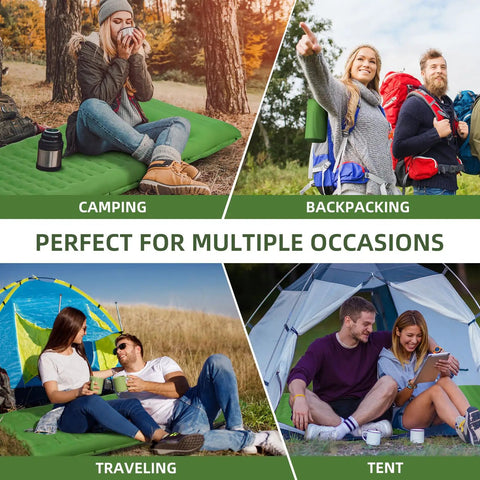 Collage of four camping scenes with a 5 Inch Thick Camping Sleeping Pad With Built In Pillow And Foot Pump, green color shown.