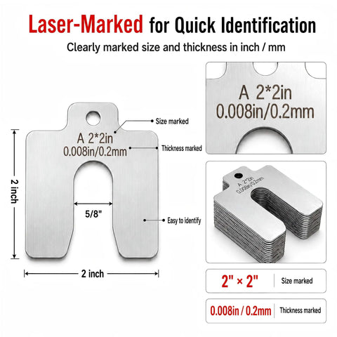 Stainless Steel Shim Kit 2 By 2 Inch Slotted Shims Collection 100 Pieces Across 10 Thicknesses For Machine Leveling Motor Alignment And Equipment Adjustment Laser Marked Sizes DIY Friendly Storage Case, showing slotted shims with laser markings.