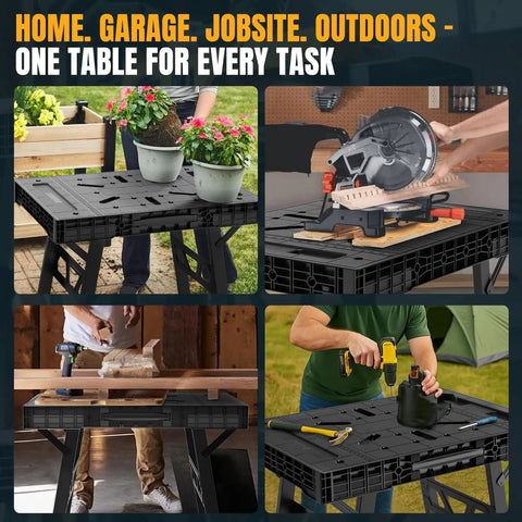 Portable Folding Workbench With 3 Second Setup, 34 Inch Wide By 24 Inch Deep Work Table, shown with various tools and plants.
