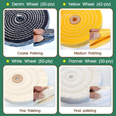 Snap These Heavy Duty Four Inch Buffing Wheels Onto Your Bench Grinder To Whip Out An Insane Mirror Shine Fast With Three Colored Compounds For Tough Scrubbing Through To Ultra Smooth Finishing Done Right.