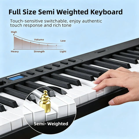 Hand playing Foldable 88 Key Portable Piano Keyboard With 128 Sounds Full Size Semi Weighted Keys USB MIDI Carry Bag Pedal And Beginner Lessons Space Saving Electric Keyboard You Can Take Anywhere On The Go