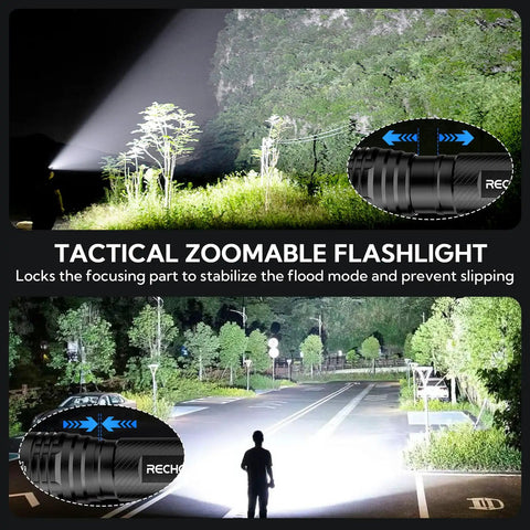S2000 LED Flashlight Ultra Bright Mid Size Tactical Torch With Zoom 3 Modes Water Resistant Built For Home Emergencies Everyday Carry Ready Outdoor Adventures Anywhere shining beam over trees and road