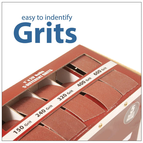 Emery cloth sandpaper dispenser in a red box with five grit rolls (150–600 Grit).