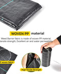 Heavy Duty Weed Barrier Fabric 5 Ft By 100 Ft 3.2 Oz Ground Cover For Landscaping And Gardening Weed Control Mat Tear Resistant Polyethylene Garden Bed Liner being demonstrated, showing tensile strength and woven PP material.