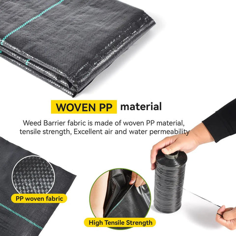 Heavy Duty Weed Barrier Fabric 5 Ft By 100 Ft 3.2 Oz Ground Cover For Landscaping And Gardening Weed Control Mat Tear Resistant Polyethylene Garden Bed Liner being demonstrated, showing tensile strength and woven PP material.