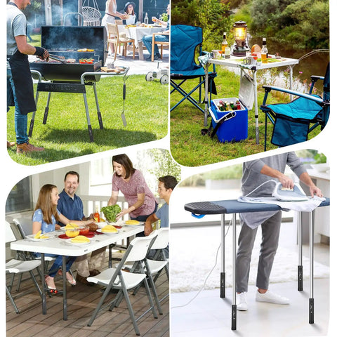 Heavy Duty Folding Table Extenders And Steel Risers For Straight Or Bent Legs Adjustable Height Extensions 4 Pack used for various settings.
