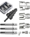 Pro Grade PVC Pipe Threader Kit With Step Drill Bit Seven Piece Set includes tapping tools and drill bits in a carrying case.