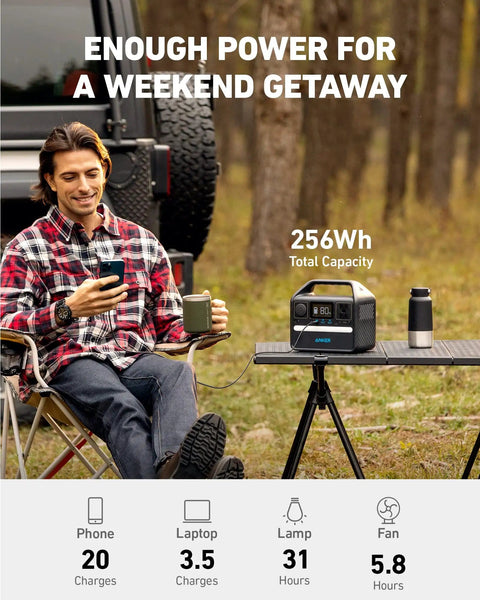 Man using 521 Portable Power Station With LiFePO4 Battery 256Wh 6 Port PowerHouse 300W Continuous Output 600W Peak Solar Generator at campsite.