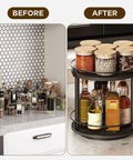 No Fuss Dual Tier Lazy Susan Turntable Gliding On Slick Ball Bearings, Compact Black Spice Rack Organizer For Kitchen Counters And Cabinets, 360 Degree Spinner Tray That Makes Quick Grab Jars A Cinch before and after organization display