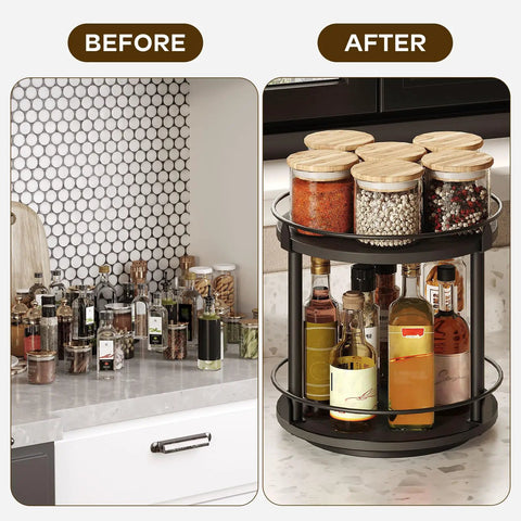 No Fuss Dual Tier Lazy Susan Turntable Gliding On Slick Ball Bearings, Compact Black Spice Rack Organizer For Kitchen Counters And Cabinets, 360 Degree Spinner Tray That Makes Quick Grab Jars A Cinch before and after organization display