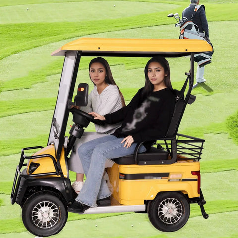 Kick Back And Roll With This Hella Durable Electric Golf Cart Featuring A Robust 800 Watt Motor, two women seated inside, golf course background.
