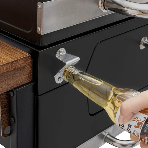 Close-up of bottle opener on 24 Inch Charcoal Grill With Folding Table And Handle Grilling Ready Backyard BBQ Smoker 490 Sq In Total Cooking Space