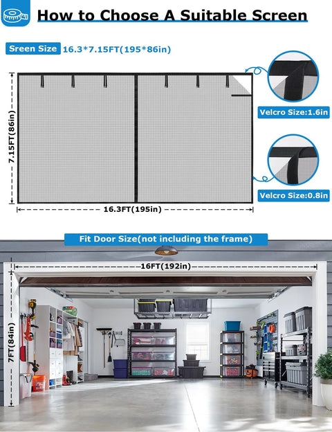 Diagram of Magnetic Garage Door Screen for Two Car Garage 16 By 7 Feet Fits Up To 194 By 84 Inches With 36 Magnets, showing dimensions.