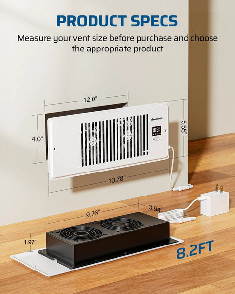 Dimensions of Quiet 4x12 Inch Register Booster Fan with remote control and smart thermostat for wall install displayed.