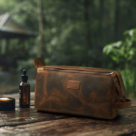 Top Shelf Genuine Buffalo Leather Toiletry Bag For Men And Women Brown Travel Organizer With Waterproof Inner Compartment on wooden table outdoors.