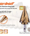 Titanium Nitride Coated HSS Step Drill Bit With One Quarter Inch Hex Shank Ten Imperial Step Sizes From One Quarter Inch To One And Three Eighths Inch Spiral Groove Double Flute 135 Degree Split Point For Sheet Metal Aluminum PVC Copper Acrylic NordWolf