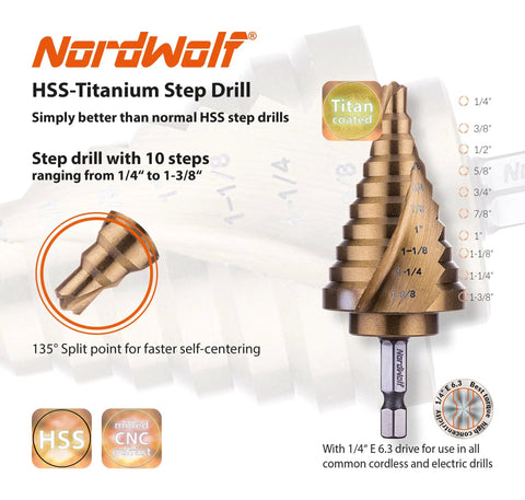 Titanium Nitride Coated HSS Step Drill Bit With One Quarter Inch Hex Shank Ten Imperial Step Sizes From One Quarter Inch To One And Three Eighths Inch Spiral Groove Double Flute 135 Degree Split Point For Sheet Metal Aluminum PVC Copper Acrylic NordWolf