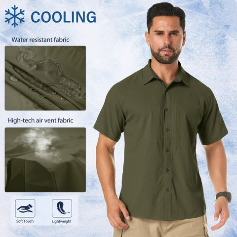 Moisture Wicking Quick Dry Safari Shirt For Men With UPF 50 Sun Protection Short Sleeve Hiking Camping Shirt Olive Green XXL