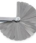 Gearhead Friendly Deluxe 32 Blade SAE And Metric Feeler Gauge Set fanned open showing multiple steel blades, automotive use.