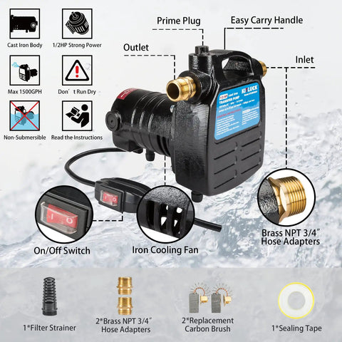 Cast Iron Portable Electric Water Transfer Pump 120 Volt Half HP Workhorse Delivers 1500 GPH with brass connectors and on/off switch.