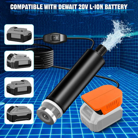 Cordless Submersible Water Pump for Dewalt 20V and 60V Batteries shown with adapters and cable, water spraying from nozzle