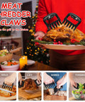 Person holding a roasted chicken with meat claws in a festive setting. Scenes of using meat shredder in different cooking stages.