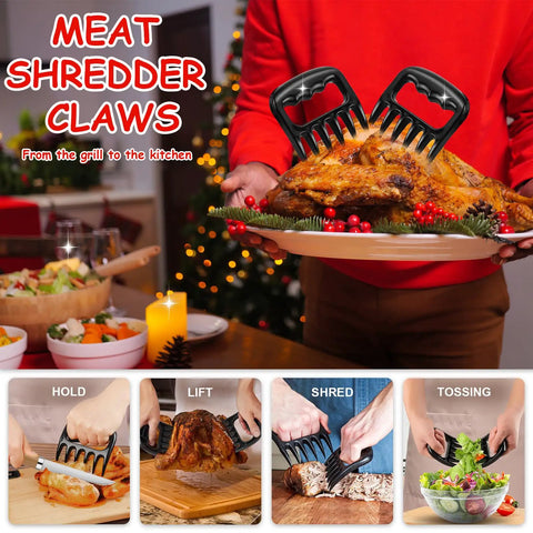 Person holding a roasted chicken with meat claws in a festive setting. Scenes of using meat shredder in different cooking stages.