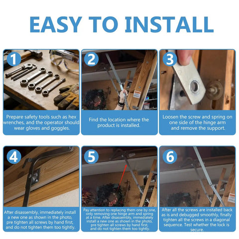 Installation steps for the 55-2 Attic Ladder Hinge Arms With Springs No Fuss Replacement Kit For Attic Ladders After 2010