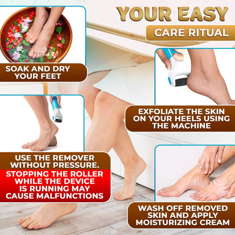 Battery Powered Foot Callus Remover For Dead Skin Exfoliation Easy At Home Pedicure Tool usage instructions collage
