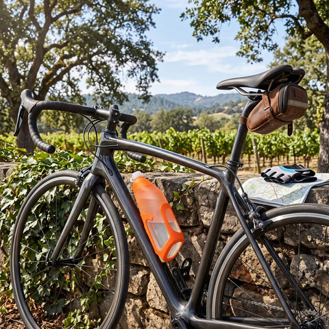 Aerodynamic Cycling Water Bottle 680ml Squeeze Flask Built For Stompin Pavement Effortless Sip Action Quick Hydration On The Fly Secure Handlebar Mount Durable PP5 Build displayed on a bike frame.