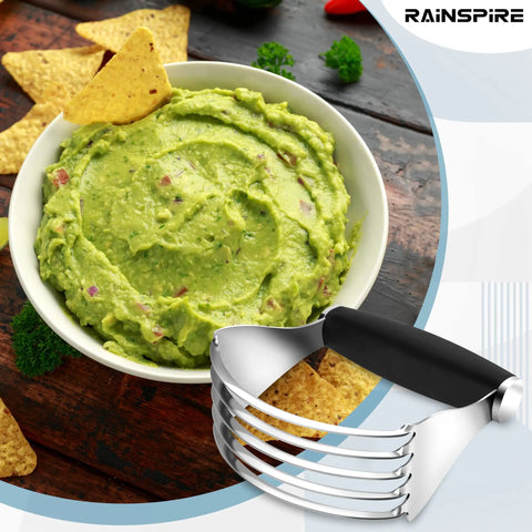 Pro Grade Heavy Duty Pastry Blender With Stainless Steel Blades next to bowl of guacamole and tortilla chips
