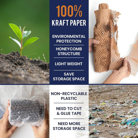 Comparison of Eco Friendly 12x150ft Packing Paper With Rope And 20 Fragile Stickers to bubble wrap with environmental benefits listed.