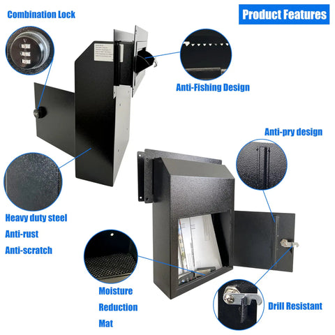 Rock Solid Through Door Drop Box With A Smooth Combo Lock And Rear Access Door That Lets You Handle Rent Checks And Packages Without Breaking A Sweat Ideal For Landlords And Shop Owners Who Want Zero Hassle Security Solutions Round The Clock, featuring combination lock and anti-pry design.