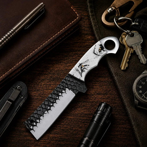 Cowboy Style Fixed Blade Knife with resin handle for camping, ranch work, and hunting, shown with everyday carry items on table