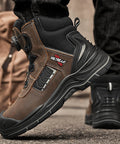 Composite Toe Work Boots For Men And Women With Quick Fit Dial Closure All Day Comfort Slip Resistant Rubber Outsole Kevlar Puncture Resistant Midsole Waterproof And Heat Resistant S3 HRO Certified For Industrial And Welding Use, side view showing brown and black color.