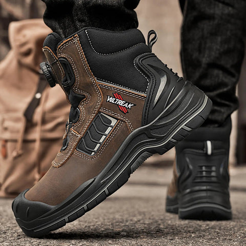 Composite Toe Work Boots For Men And Women With Quick Fit Dial Closure All Day Comfort Slip Resistant Rubber Outsole Kevlar Puncture Resistant Midsole Waterproof And Heat Resistant S3 HRO Certified For Industrial And Welding Use, side view showing brown and black color.