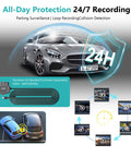 Illustration of 24/7 protection feature of 12 Inch 4K Front And Rear Mirror Dash Cam With Crystal Clear Night Vision And Parking Monitor.
