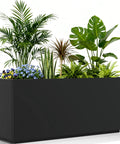 Rectangular Metal Planter Box 36x12x16 Matte Black With Insert Shelf, Drainage Holes And Bottom Water Collection Tray, Low Profile