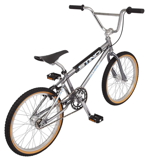 Sting Pro Retro BMX Bike For Youth And Adults, Throwback 1989 Vibe with 20 Inch Wheels and Smoke Chrome Finish, side angle view.