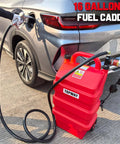 Image of a red 16 Gallon Portable Fuel Tank Caddy with 12V DC Electric Self Priming Transfer Pump refueling a car.