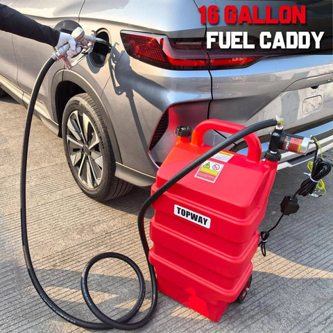 Image of a red 16 Gallon Portable Fuel Tank Caddy with 12V DC Electric Self Priming Transfer Pump refueling a car.