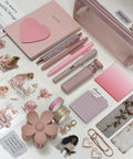 Aesthetic Stationery Gift Set 22 Piece Bundle with journal, blush pink pens, pencil pouch, stickers, and accessories on display.