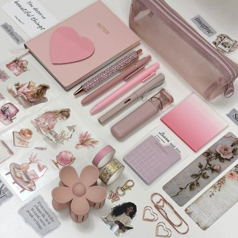 Aesthetic Stationery Gift Set 22 Piece Bundle with journal, blush pink pens, pencil pouch, stickers, and accessories on display.