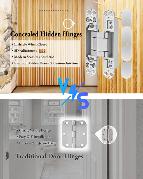 Heavy Duty Hidden Door Hinges 2 Pack, 6 Inch Concealed Hinge With 3 Way Adjustable Build, Badass Tamper Proof Security For Panic Rooms, modern aesthetic and installation comparison.