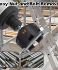 Heavy Duty All Thread Nut Runner And Bolt Extractor Tool For Fast No Sweat Removal Of Stubborn Nuts And Built Like A Tank With Rugged Aluminum Alloy For Smooth Quick Grab Action On 1/4 3/8 1/2 Inch Rods in use with rods on construction site.