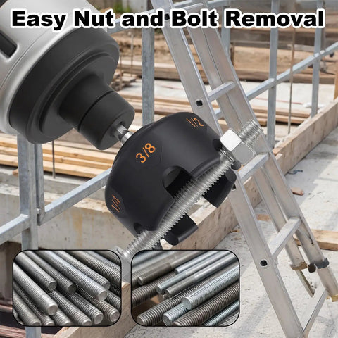 Heavy Duty All Thread Nut Runner And Bolt Extractor Tool For Fast No Sweat Removal Of Stubborn Nuts And Built Like A Tank With Rugged Aluminum Alloy For Smooth Quick Grab Action On 1/4 3/8 1/2 Inch Rods in use with rods on construction site.