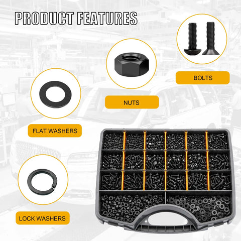 Massive 4065 Piece Metric Screw Assortment Kit With M2 M3 M4 M5 Hex Socket And Flat Head Screws, Nuts, Washers, Lock Washers, And Hex Wrenches, 34 Common Sizes From 6mm To 30mm For DIY Electronics RC And Home Projects. Assorted black fasteners tray